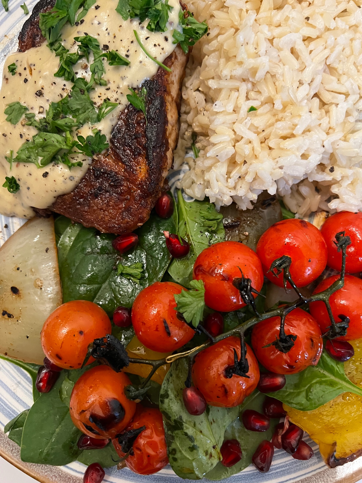 Pan-seared pork with blistered tomatoes