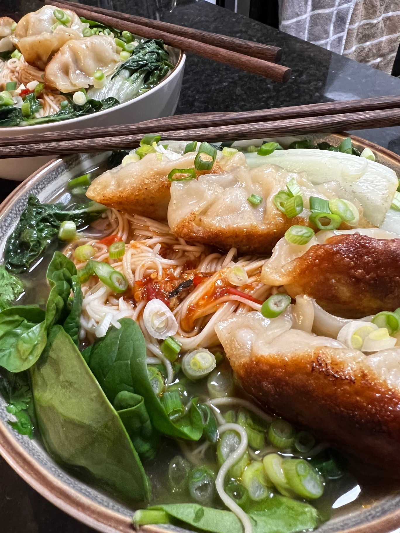 Crispy dumpling noodle soup